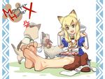  1girl animal_ears arm_warmers barefoot bell bell_collar blonde_hair feet feet_together long_hair looking_at_viewer meowstress monster_hunter monster_hunter_x nekojo open_mouth pointy_ears shoes_removed sitting socks_removed soles toes 