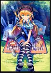  :3 :d ^_^ alice_(wonderland) alice_in_wonderland aqua_eyes belt black_ribbon blonde_hair blue_skirt blush border bottle breasts bunny bush cake candy closed_eyes closed_mouth collared_shirt cup doughnut food from_above grass hair_between_eyes hair_ribbon headphones holding holding_sword holding_weapon knees_together_feet_apart letter lollipop long_hair looking_at_viewer medium_breasts no_shoes open_mouth plaid plaid_skirt puffy_short_sleeves puffy_sleeves qihai_lunpo ribbon saucer shirt short_sleeves sitting skirt slice_of_cake smile striped striped_legwear striped_shirt sunlight swirl_lollipop sword teacup thighhighs vertical-striped_shirt vertical_stripes weapon wing_collar 