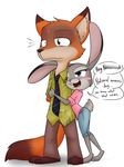  2016 anthro barefoot blush buckteeth canine clothed clothing dialogue disney duo english_text female fox hug judy_hopps lagomorph male mammal necktie nick_wilde open_mouth open_smile rabbit sandwich-anomaly simple_background smile standing sweat sweatdrop teeth text white_background zootopia 