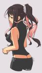  alternate_costume alternate_hairstyle ass black_hair fingers_together from_side grey_background highres kantai_collection long_hair looking_down lowleg lowleg_shorts macbail multicolored_hair naganami_(kantai_collection) pink_hair ponytail scrunchie shorts side-tie_shorts simple_background sleeveless solo twitter_username two-tone_hair wavy_hair white_scrunchie yellow_eyes 