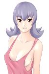  1girl areolae bare_shoulders breasts creatures_(company) egooo eyebrows_visible_through_hair game_freak large_breasts long_hair looking_at_viewer natsume_(pokemon) nintendo nipple_slip nipples no_bra pokemon purple_hair red_eyes simple_background solo upper_body white_background 