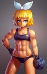  abs bangs blonde_hair blue_eyes bow dumbbell eyebrows fingerless_gloves flat_chest gloves grey_background hair_bow hair_ornament hairclip hand_on_hip kagamine_rin light_smile midriff muscle muscular_female navel short_shorts shorts smile solo sports_bra standing sweat swept_bangs vocaloid yilx 
