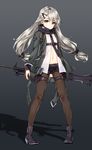  bangs black_background black_footwear black_legwear black_shorts boots closed_mouth dress_shirt expressionless eyebrows_visible_through_hair full_body girls_frontline gradient gradient_background gun hair_ornament hairclip high_heel_boots high_heels highres holding holding_gun holding_weapon holster jacket kuro_(kuronell) legs_apart long_hair looking_at_viewer low_twintails machine_gun mg4_(girls_frontline) navel open_clothes open_jacket open_shirt pantyhose pigeon-toed shadow shirt short_shorts shorts silver_hair solo standing thigh_holster thigh_strap twintails weapon white_shirt yellow_eyes 