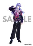  1boy :| aqua_eyes arm_at_side black_footwear black_pants closed_mouth collar_tug collared_shirt copyright_notice expressionless full_body hair_between_eyes hoshirube_sho long_hair long_sleeves looking_at_viewer male_focus multicolored_hair nijisanji official_art pants print_sweater purple_hair purple_sweater sample_watermark shirt shoes simple_background solo standing streaked_hair sweater tentacle_print untucked_shirt virtual_youtuber watermark white_background white_shirt xia_(ryugo) 
