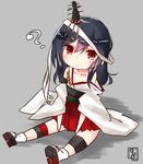  ? absurdres black_hair commentary_request detached_sleeves hair_ornament headband headgear highres japanese_clothes kantai_collection momiji_(103) nontraditional_miko red_eyes remodel_(kantai_collection) short_hair simple_background sitting solo wide_sleeves yamashiro_(kantai_collection) younger 