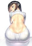  ass backboob backless_outfit bare_back black_hair blue_eyes breasts butt_crack commentary_request grey_sweater highres large_breasts leaning_forward light_particles looking_to_the_side meme_attire naked_sweater open_mouth ribbed_sweater shiny shiny_clothes shiny_skin sideboob soramiruku sweater turtleneck turtleneck_sweater virgin_killer_sweater 