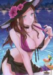  1girl bikini black_hat black_sarong breast_press breasts brown_hair cleavage closed_mouth commentary_request dorothea_arnault dorothea_arnault_(summer) drink fingernails fire_emblem fire_emblem:_three_houses fire_emblem_heroes glass green_eyes hat highres kh_(tanakananataka) large_breasts lips long_hair looking_at_viewer official_alternate_costume partially_submerged pink_lips pink_nails sarong solo sun_hat swimsuit water wavy_hair 