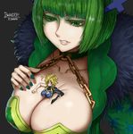  2girls ? between_breasts blonde_hair blush bodysuit brandish_mew breasts breasts_hold cleavage dimaria_yesta fairy_tail green_eyes green_hair huge_breasts multiple_girls the_golden_smurf 