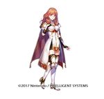  arm_guards armor bangs black_legwear breastplate cape celica_(fire_emblem) detached_collar dress earrings fingerless_gloves fire_emblem fire_emblem_echoes:_mou_hitori_no_eiyuuou fire_emblem_heroes full_body furikawa_arika gloves hair_ornament jewelry long_hair looking_at_viewer red_eyes red_hair simple_background solo thighhighs tiara zettai_ryouiki 