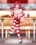  1girl breasts burger cleavage deadphoenx! food high_heels ice_cream lipstick nail_polish nipples red_hair shinsir striped striped_legwear striped_sleeves striped_socks thighhighs twintails wendy&#039;s wendy_(wendy&#039;s) 
