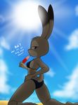  2016 anthro beach bikini breasts butt canine clothed clothing cloud dialogue disney english_text female food fox hand_on_hip holding_object judy_hopps kneeling lagomorph looking_at_viewer looking_back male mammal nick_wilde open_mouth popsicle rabbit rear_view sand sandwich-anomaly seaside skimpy sky suggestive sun swimsuit talking_to_viewer text tongue zootopia 