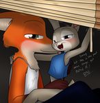  2016 anthro blinds blush buckteeth canine chest_tuft clothed clothing dialogue disney duo english_text female fox half-closed_eyes imminent_sex judy_hopps lagomorph licking looking_at_viewer male male/female mammal nick_wilde on_lap open_mouth open_smile rabbit raised_arm romantic_couple sandwich-anomaly sitting_on_lap smile talking_to_viewer teeth text tongue tongue_out tuft zootopia 