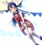  1girl animal_ears bangs blue_hair blush bunny_ears commentary_request earrings embarrassed gloves hair_between_eyes jewelry korekara_no_someday long_hair looking_at_viewer love_live! love_live!_school_idol_project mofun open_mouth puffy_shorts shorts sleeveless solo sonoda_umi standing thighhighs white_gloves white_legwear yellow_eyes 