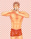  1boy blonde_hair bulge male_focus razor shaving topless underwear unplugged_line wince 