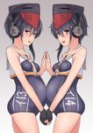  asymmetrical_hair black_hair breasts brown_eyes framed_breasts gloves hair_between_eyes hat headphones holding_hands i-13_(kantai_collection) i-14_(kantai_collection) kantai_collection looking_at_viewer multiple_girls one-piece_swimsuit open_mouth partly_fingerless_gloves pregnant sailor_collar school_swimsuit short_hair single_glove small_breasts smile swimsuit symmetrical_hand_pose taji_(crowview) 