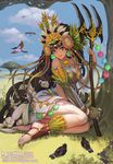  abundant_flowe_maiden_patricia bare_shoulders barefoot barefoot_sandals bird brown_hair cardfight!!_vanguard collaboration company_name dated day feathers full_body gloves grass hat leaf long_hair midriff nail_polish navel official_art outdoors polearm single_glove sitting sky solo teeth toeless_legwear toned tree trident very_long_hair weapon xiaji yang_yang_(tigu) yellow_eyes 