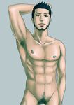  1boy abs armpit looking_at_viewer male_focus muscle nude pubic_hair smile solo unplugged_line 
