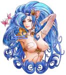  1girl arms_behind_head big_hair blue_eyes breasts bug butterfly closed_mouth collarbone commentary darkstalkers english_commentary felicia_(darkstalkers) large_breasts long_hair looking_at_viewer pink_butterfly simple_background smile solo traditional_media upper_body vhyrel watercolor_pencil_(medium) white_background 