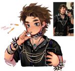  1boy black_shirt blue_eyes bracelet brown_hair chain choker cigarette commentary english_commentary eye_of_ender goth_fashion hulatie jewelry male_focus minecraft minecraft_youtube necklace photo-referenced photo_inset ranboo real_life reference_inset shirt short_hair slimecicle solo spiked_bracelet spikes white_background 