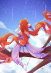  1girl absurdres arm_up bare_shoulders barefoot blue_dress blue_sky blue_sleeves cloud commentary_request detached_sleeves double_bun dress fingernails floating_hair flower from_behind full_body genshin_impact hair_bun hair_flower hair_ornament highres long_fingernails long_hair nail_polish nilou_(breeze_of_sabaa)_(genshin_impact) nilou_(genshin_impact) official_alternate_costume pink_nails purple_flower red_hair sitting sitting_on_branch sky sleeveless sleeveless_dress solo star_(sky) starry_sky toes very_long_hair watatai 