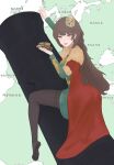  1girl absurdres blush brown_hair cannon chinese_commentary crown dress earrings europa_universalis fang genderswap genderswap_(mtf) green_dress highres holding jewelry kaaba made_in_zhejiang map mehmed_ii napoleon_crossing_the_alps open_mouth ottoman_empire pantyhose parody real_life skin_fang smile solo star_and_crescent translation_request 