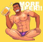  1boy abs bara beer blush body_hair bulge crotch cup drunk full_body male_focus muscle pecs sitting smile solo tan tanline topless underwear unplugged_line 