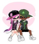  1girl baseball_cap blush closed_eyes couple dark_skin domino_mask full_body green_hair grin hakinikui_kutsu_no_mise hat hetero holding_hands inkling mask open_mouth purple_hair shorts smile splatoon_(series) tentacle_hair 