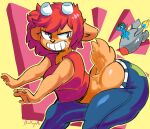 anthro belt big_butt blue_body blue_hair bottomwear bovid buckteeth bulluppa butt caprine clothing cowboy_hat crop_top denim denim_bottomwear denim_clothing duo female grin hair hat headgear headwear hi_res horn jeans lammy_lamb macro male mammal micro murid murine nude_male pants parappa_the_rapper rat red_hair rocket rodent sheep shirt smile sony_corporation sony_interactive_entertainment tail teeth thick_thighs topwear um_jammer_lammy
