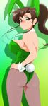  animal_ears ass bangs bishoujo_senshi_sailor_moon black_legwear breasts brown_hair bunny_ears bunny_tail bunnysuit closed_mouth cowboy_shot detached_collar drop_shadow fake_animal_ears fake_tail from_behind green green_eyes green_leotard hand_on_hip kino_makoto leotard long_hair looking_at_viewer looking_back medium_breasts nanashi_noiji pantyhose ponytail shadow smile solo strapless strapless_leotard tail wrist_cuffs 