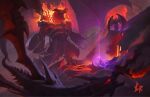  1boy black_scales black_skull_dragon burning casting_spell chipyray claws dark_magician demon demon_horns dragon dragon_tail dragon_wings duel_monster electricity flying glowing glowing_eyes highres holding holding_wand horns lava monster open_mouth red-eyes_black_dragon red_eyes sharp_teeth spikes spread_wings summoned_skull tail teeth volcano wand watermark wings yu-gi-oh! 