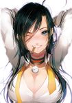  absurdres ahoge arms_behind_head arms_up black_hair blue_eyes blush breasts choker cleavage closers collarbone collared_shirt dress_shirt grin hair_between_eyes highres large_breasts long_hair looking_at_viewer mouth_hold nose_blush one_eye_closed peanutc shirt sketch smile solo upper_body white_background wing_collar yuri_seo 