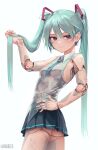  1girl absurdres aqua_eyes aqua_hair aqua_necktie battle_angel_alita blush commentary cyborg doll_joints english_commentary hatsune_miku highres joints long_hair looking_back necktie pleated_skirt see-through see-through_shirt shirt simple_background skirt sleeveless sleeveless_shirt smug twintails twitter_username very_long_hair vocaloid vrabius white_background 