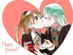  aqua_hair blue_eyes blush brown_hair closed_eyes collar commentary_request english food heart heart_background highres holding holding_food kantai_collection kiss kumano_(kantai_collection) multiple_girls nail_polish necktie parted_lips pocky pocky_day shuu-0208 suzuya_(kantai_collection) yuri 