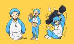  bell bell_collar blue_hair character_sheet collar doraemon doraemon_(character) dorayaki food food_on_face full_body highres inahara jacket male_focus nuclear_weapon personification pocket simple_background smile twitter_username wagashi weights whisker_markings yellow_background zipper_pull_tab 