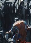  1boy alley animal black_hair bleeding blood blood_on_arm blood_on_back blood_on_clothes blood_on_ground building cape commentary dc_comics dog dripping_blood dumpster english_commentary frieda_li from_behind highres kneeling looking_at_animal male_focus outstretched_arm petting rain red_cape shadow solo superhero_costume superman torn_cape torn_clothes wet wet_hair white_dog 