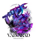  1boy absurdres armor character_name helmet highres holding holding_weapon kamen_rider kamen_rider_gotchard_(series) kamen_rider_valvarad male_focus obakelope0530 purple_armor purple_helmet simple_background solo upper_body weapon white_background 