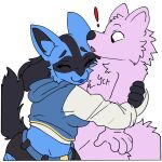  1:1 alpha_channel anthro blue_body blue_fur blue_lipstick bottomwear breasts canid canine cheek_tuft clothing cropped_hoodie cutoffs denim denim_bottomwear denim_clothing duo ears_up exclamation_point eyeliner facial_tuft female fishnet_clothing fishnet_legwear fluffy fluffy_tail fur generation_4_pokemon hi_res hoodie hug j0lt ketzel99 legwear lipstick long_sleeves lucario makeup male male/female mammal medium_breasts midriff nintendo pokemon pokemon_(species) shorts tail tight_hug topwear tuft ych_(character) 