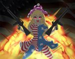  1girl american_flag assault_rifle blonde_hair breasts clownpiece commentary explosion gun long_hair looking_at_viewer medium_breasts rifle sinensian smile solo touhou weapon 