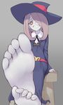  barefoot debutya_aki feet from_below grey_background grin hair_over_one_eye hat highres little_witch_academia long_hair looking_at_viewer luna_nova_school_uniform pale_skin pink_hair pov_feet red_eyes sharp_teeth simple_background sitting smile soles solo stool sucy_manbavaran teeth toes witch witch_hat 