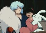  1girl :3 anime_coloring black_hair blue_hair closed_eyes collarbone crescent facial_mark fake_screenshot forehead_mark inuyasha japanese_clothes open_mouth petagon pointy_ears rin_(inuyasha) sesshoumaru smile stuffed_animal stuffed_bunny stuffed_toy 