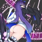 ass blue_eyes bow crotch_plate fate/extra fate/extra_ccc fate_(series) from_behind hair_bow highres jibako long_hair long_sleeves looking_at_viewer looking_back meltlilith purple_eyes purple_hair solo spikes thighs 