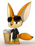  2016 anthro barefoot beverage canine chest_tuft clothed clothing coffee cup disney eyewear fennec finnick fox hand_in_pocket male mammal sandwich-anomaly simple_background solo sunglasses tuft white_background zootopia 