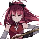  absurdres bad_id bad_twitter_id bare_shoulders bow commentary hair_bow high_ponytail highres holding long_hair looking_at_viewer mahou_shoujo_madoka_magica misteor polearm red_eyes red_hair sakura_kyouko sketch sleeveless solo soul_gem upper_body weapon white_background 