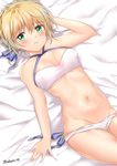  ahoge arm_up armpits artoria_pendragon_(all) bangs bare_arms bare_shoulders bed_sheet bikini blonde_hair blue_ribbon blush braid breasts cleavage commentary_request cowboy_shot criss-cross_halter crown_braid eyebrows_visible_through_hair fate_(series) from_above green_eyes groin hair_ribbon halterneck hand_on_head highres lying medium_breasts navel on_back parted_lips ribbon saber sasha_chii shiny shiny_skin short_hair solo stomach swimsuit thighs twitter_username white_bikini 