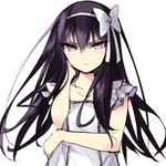  absurdres akemi_homura alternate_costume bad_id bad_twitter_id black_hair commentary dress frown hair_ribbon hairband highres long_hair looking_at_viewer mahou_shoujo_madoka_magica misteor purple_eyes ribbon sketch solo upper_body white_background white_dress white_ribbon 