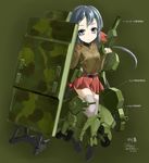  black_hair breasts cannon dated green_background gun highres imperial_japanese_army looking_at_viewer mecha_musume military military_uniform o-i_superheavy_tank_series personification shasu_(lastochka) shield short_hair simple_background small_breasts solo translated uniform weapon world_of_tanks 