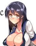  black_eyes black_hair blush breasts cleavage closed_mouth commentary_request gen_(black_factory) kantai_collection large_breasts leaning_forward long_hair open_clothes open_shirt school_uniform serafuku shirt simple_background sleeve_cuffs solo upper_body ushio_(kantai_collection) white_background 