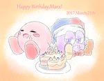  2017 boots cake clothing english_text eyes_closed food footwear half-closed_eyes kirby kirby_(series) marx nintendo open_mouth open_smile orange_background purple_eyes rosy_cheeks simple_background smile text video_games waddling_head zunom_kinoko 