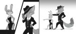  anthro canid canine clothed clothing dancing dipstick_ears dipstick_tail disney duo female fox greyscale half-closed_eyes hand_on_waist hat judy_hopps lagomorph male mammal monochrome multicolored_tail nick_wilde pointing pose rabbit ruffu size_difference zootopia 