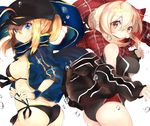  absurdres ahoge artoria_pendragon_(all) ass bangs baseball_cap bikini black_bikini black_scarf black_swimsuit blonde_hair blue_eyes blush braid breasts brown_eyes bubble commentary_request competition_swimsuit cowboy_shot fate/grand_order fate_(series) french_braid from_side grin hair_between_eyes hair_bun hand_up hat highres hood hooded_jacket jacket long_hair looking_at_viewer looking_back medium_breasts multiple_girls mysterious_heroine_x mysterious_heroine_x_(alter) one-piece_swimsuit open_clothes open_jacket open_track_jacket parted_lips plaid plaid_scarf ponytail ranf red_scarf rojiura_satsuki:_chapter_heroine_sanctuary scarf side-tie_bikini sideboob sidelocks simple_background sleeves_past_wrists sleeves_rolled_up smile swimsuit tying water_drop white_background 